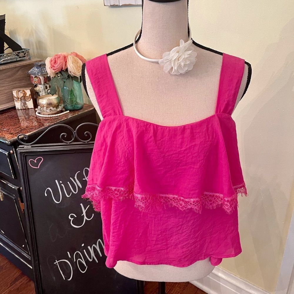 CAD Sz XL *Barbie Pink* Sweet & Sexy! Flounce Lace Trim Crop Top